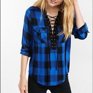 Express Blue Plaid Lace Up Top - Small